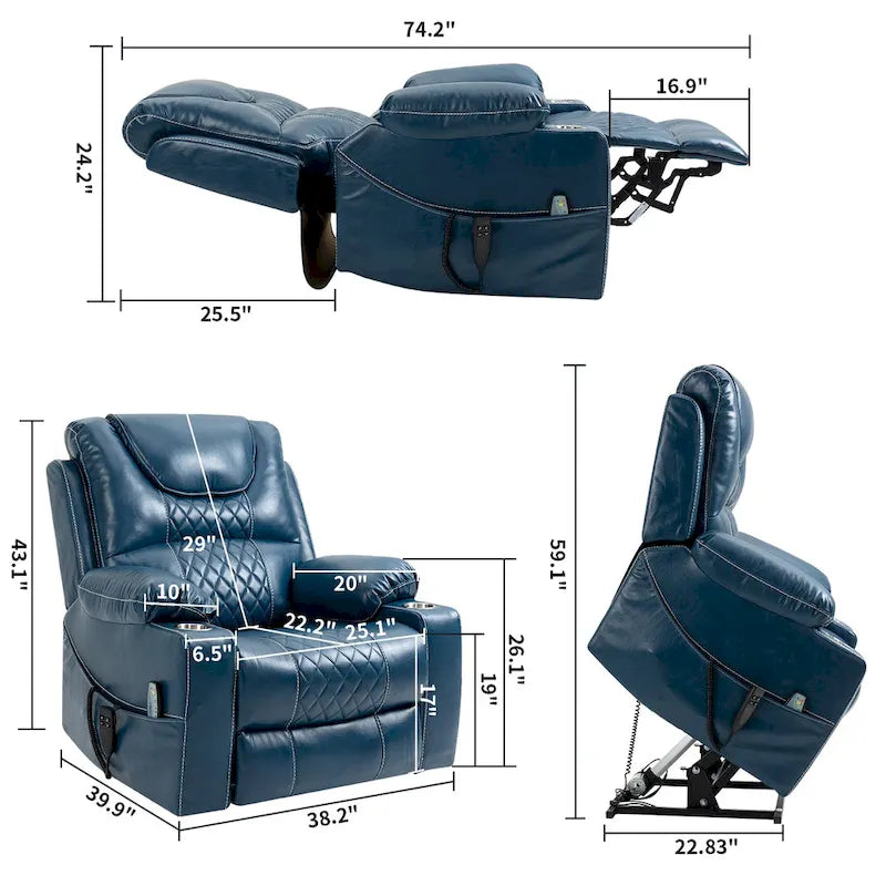 Fauteuil releveur inclinable surdimensionné avec massage, chauffage et position allongée à plat – Cuir PU