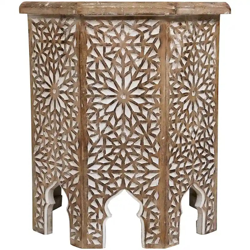 Table d'appoint octogonale sculptée – Noyer et Blanc antique brossé, d'inspiration marocaine