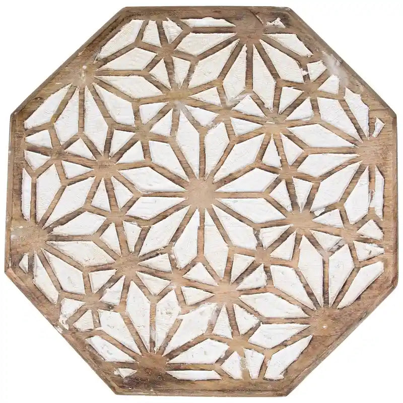 Table d'appoint octogonale sculptée – Noyer et Blanc antique brossé, d'inspiration marocaine