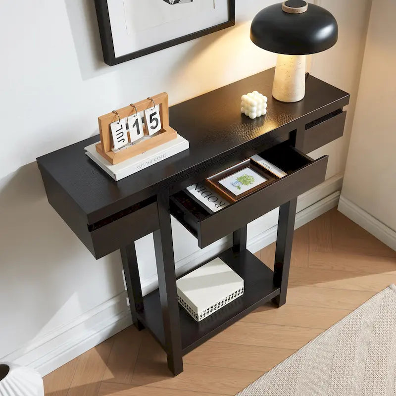 Console d'entrée avec tiroir dissimulé et étagère ouverte – Structure en bois