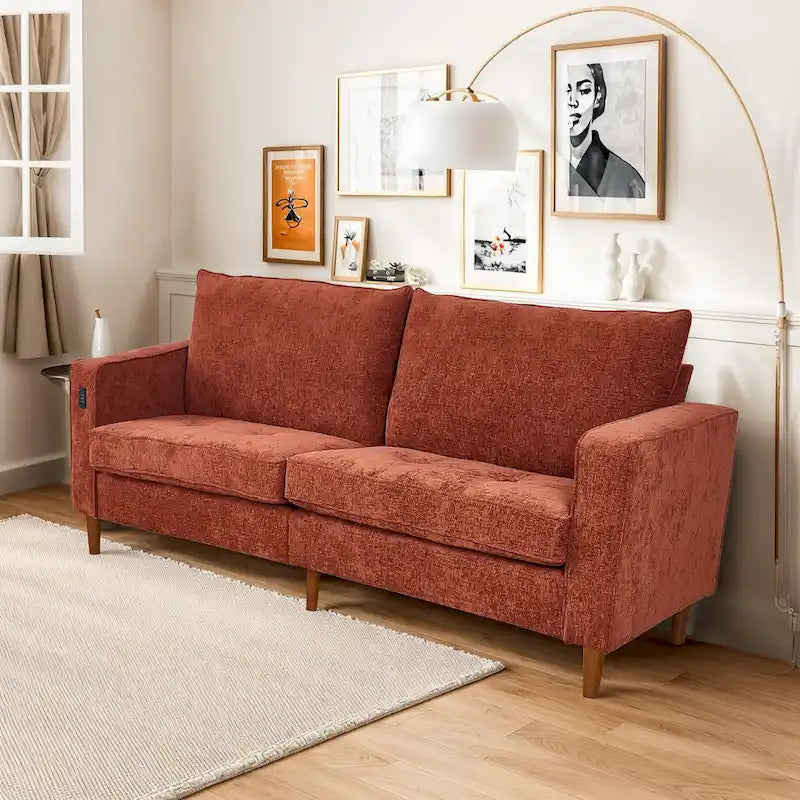 Causeuse en chenille de 82 pouces avec ports USB – Accoudoirs carrés, cadre en bois massif