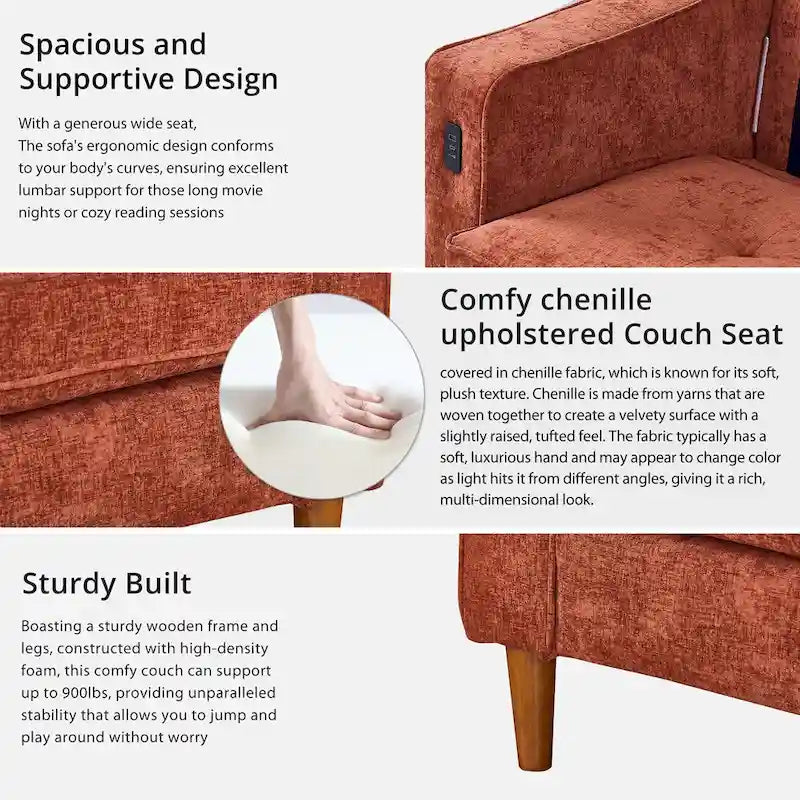Causeuse en chenille de 82 pouces avec ports USB – Accoudoirs carrés, cadre en bois massif