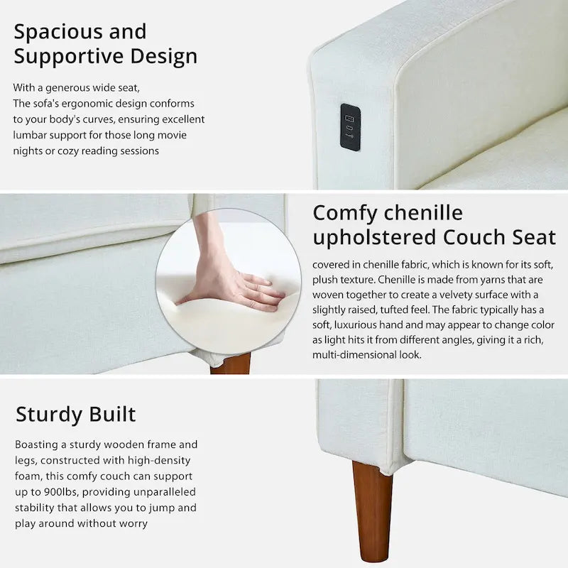 Causeuse en chenille de 82 pouces avec ports USB – Accoudoirs carrés, cadre en bois massif