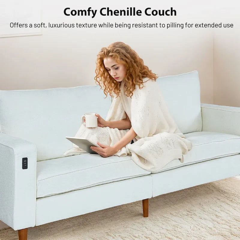 Causeuse en chenille de 82 pouces avec ports USB – Accoudoirs carrés, cadre en bois massif