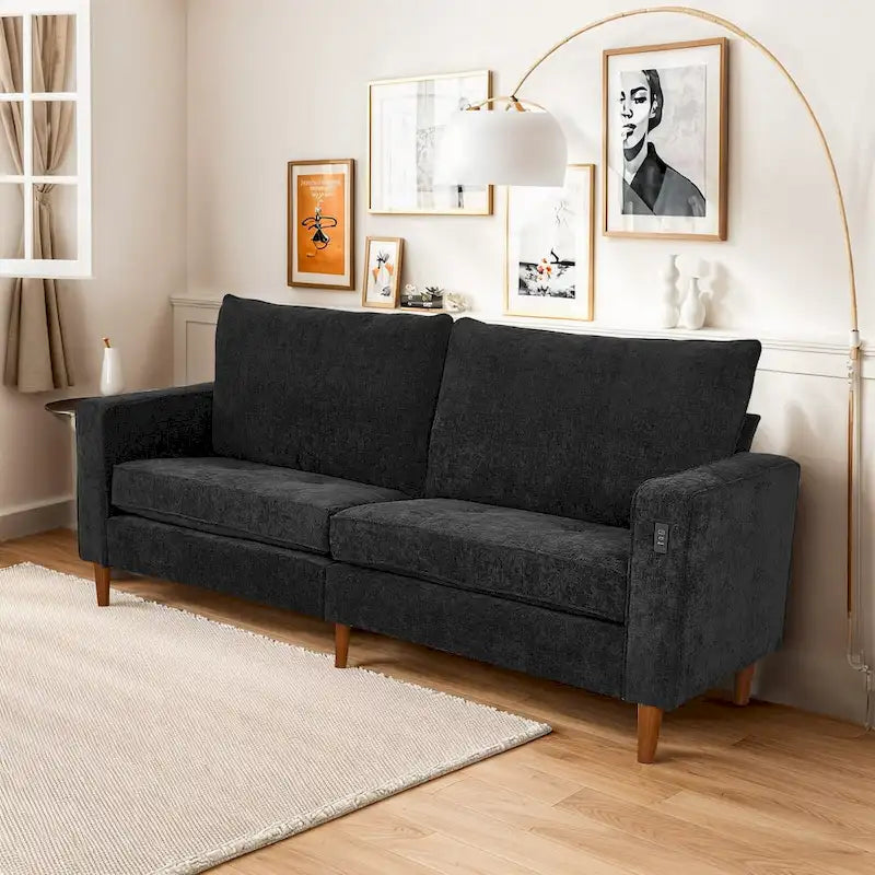 Causeuse en chenille de 82 pouces avec ports USB – Accoudoirs carrés, cadre en bois massif