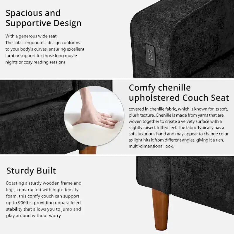 Causeuse en chenille de 82 pouces avec ports USB – Accoudoirs carrés, cadre en bois massif
