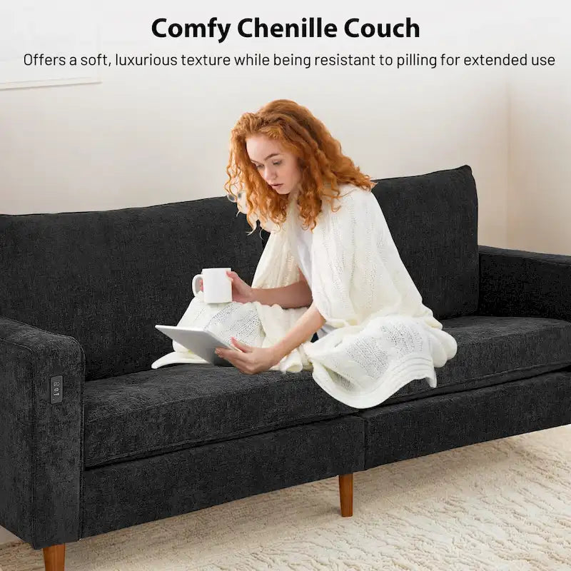Causeuse en chenille de 82 pouces avec ports USB – Accoudoirs carrés, cadre en bois massif