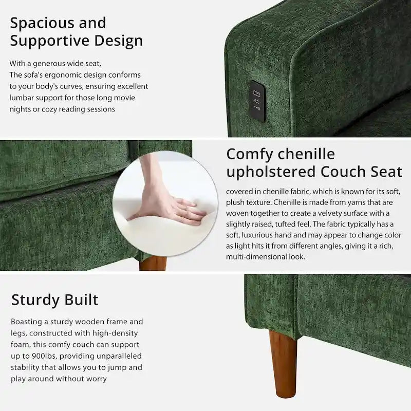 Causeuse en chenille de 82 pouces avec ports USB – Accoudoirs carrés, cadre en bois massif