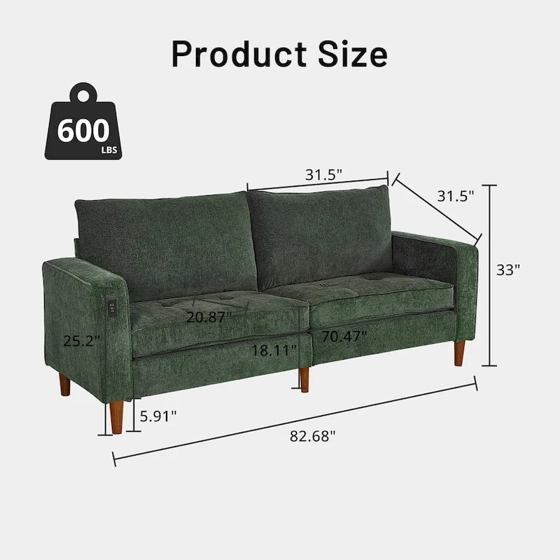Causeuse en chenille de 82 pouces avec ports USB – Accoudoirs carrés, cadre en bois massif