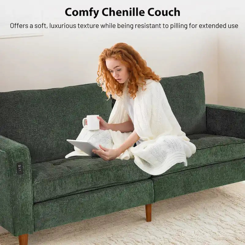 Causeuse en chenille de 82 pouces avec ports USB – Accoudoirs carrés, cadre en bois massif