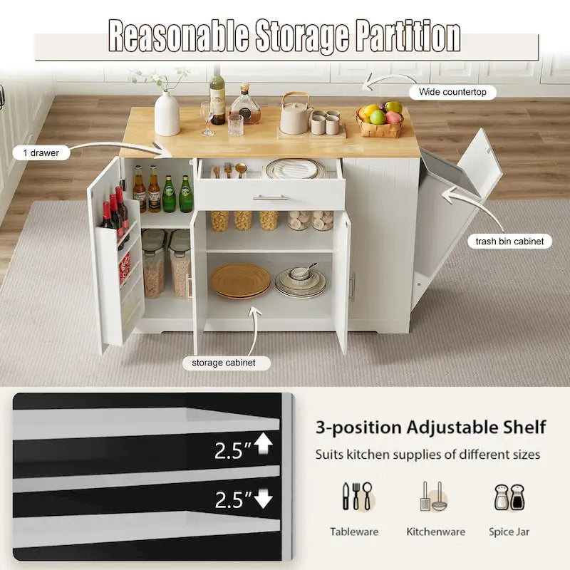 Îlot de cuisine de 135 cm avec poubelle intégrée et rangement réglable