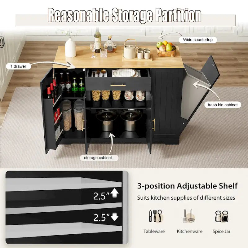 Îlot de cuisine de 135 cm avec poubelle intégrée et rangement réglable
