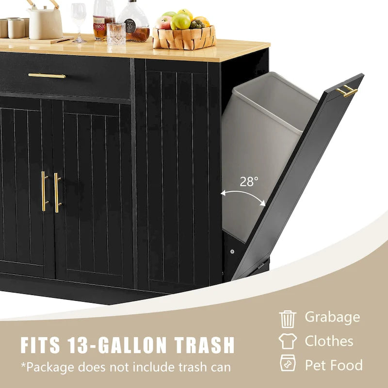 Îlot de cuisine de 135 cm avec poubelle intégrée et rangement réglable