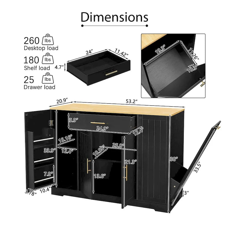 Îlot de cuisine de 135 cm avec poubelle intégrée et rangement réglable