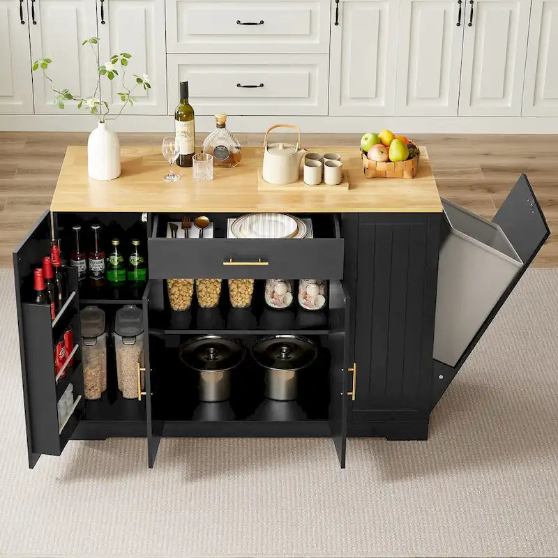 Îlot de cuisine de 135 cm avec poubelle intégrée et rangement réglable
