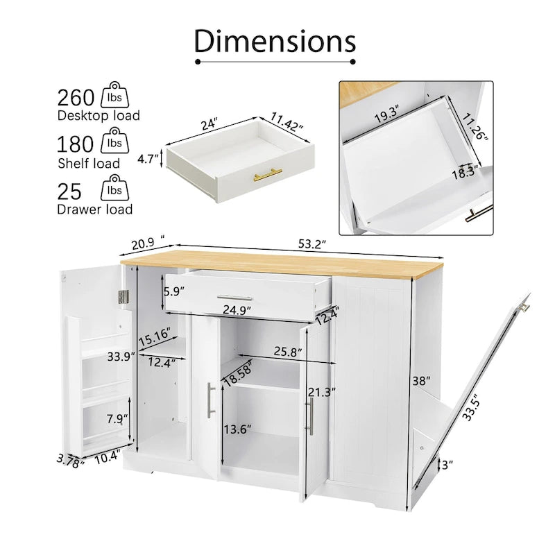 Îlot de cuisine de 135 cm avec poubelle intégrée et rangement réglable