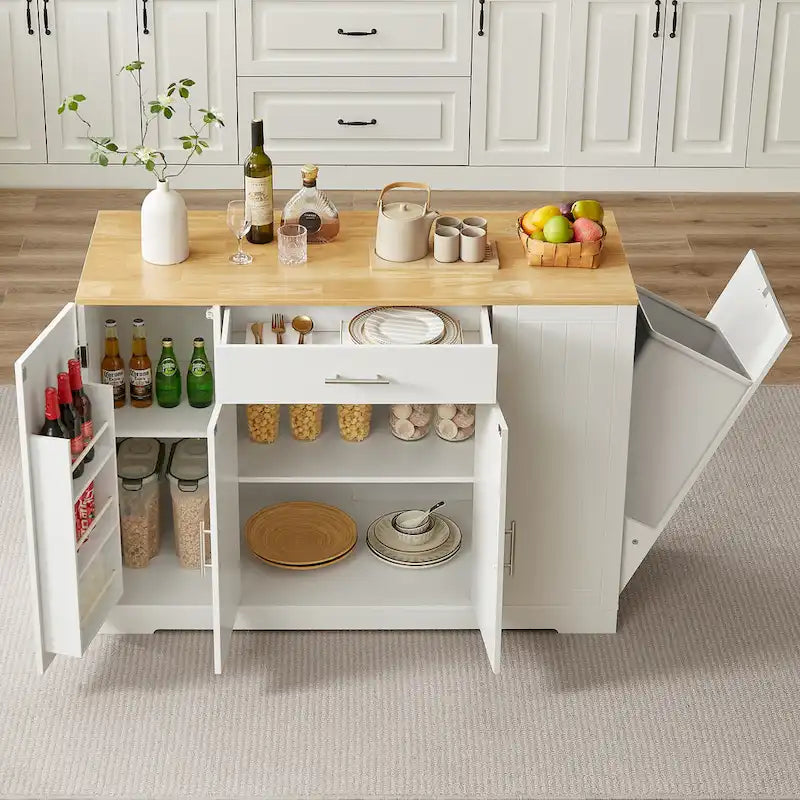 Îlot de cuisine de 135 cm avec poubelle intégrée et rangement réglable