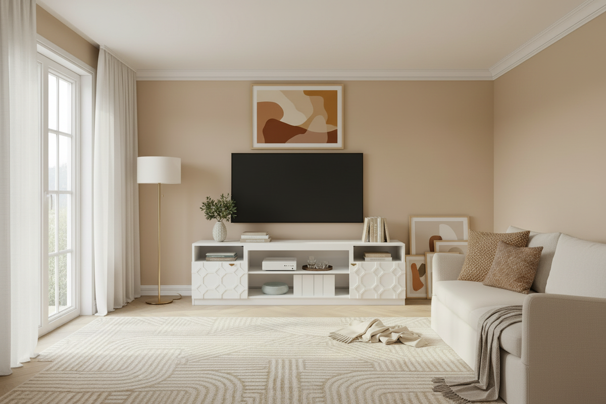 70" White TV Stand - Wide Angle Room View