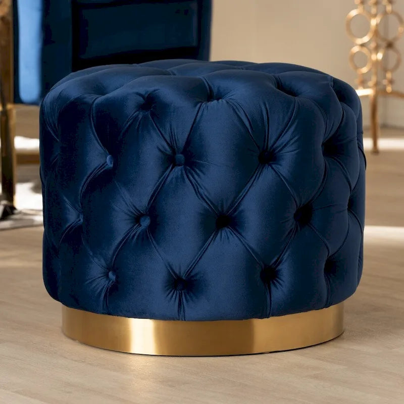 Pouf ottoman capitonné en velours avec base en or brossé – Repose-pieds carré glamour
