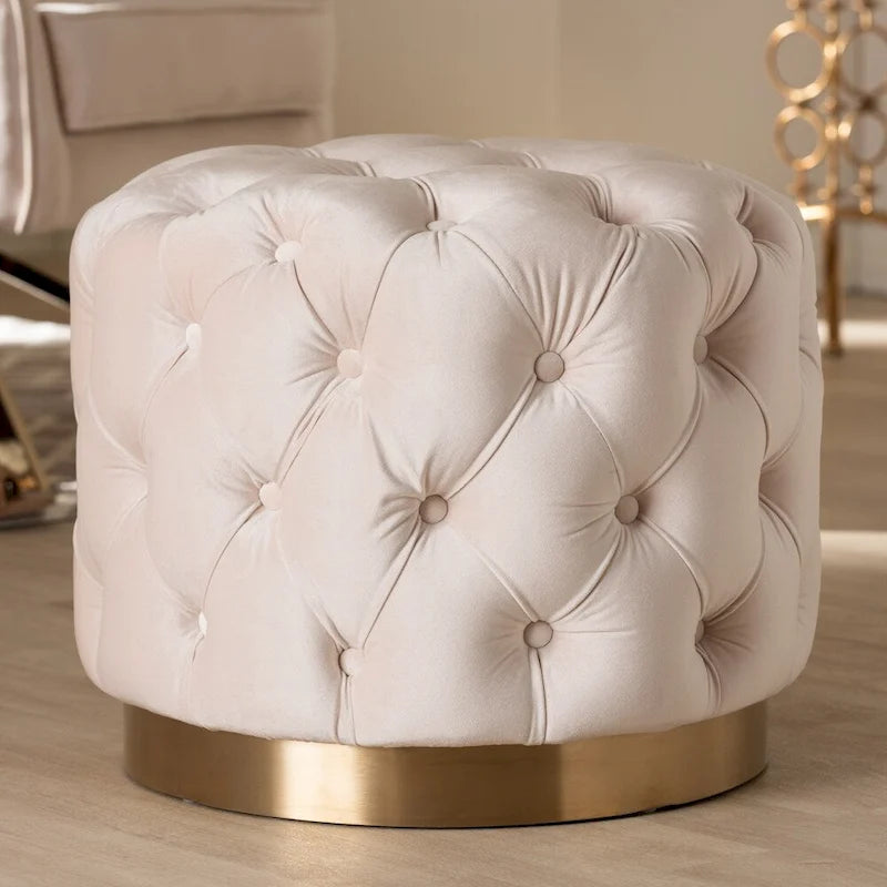 Pouf ottoman capitonné en velours avec base en or brossé – Repose-pieds carré glamour