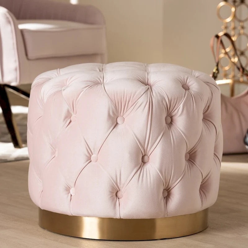 Pouf ottoman capitonné en velours avec base en or brossé – Repose-pieds carré glamour