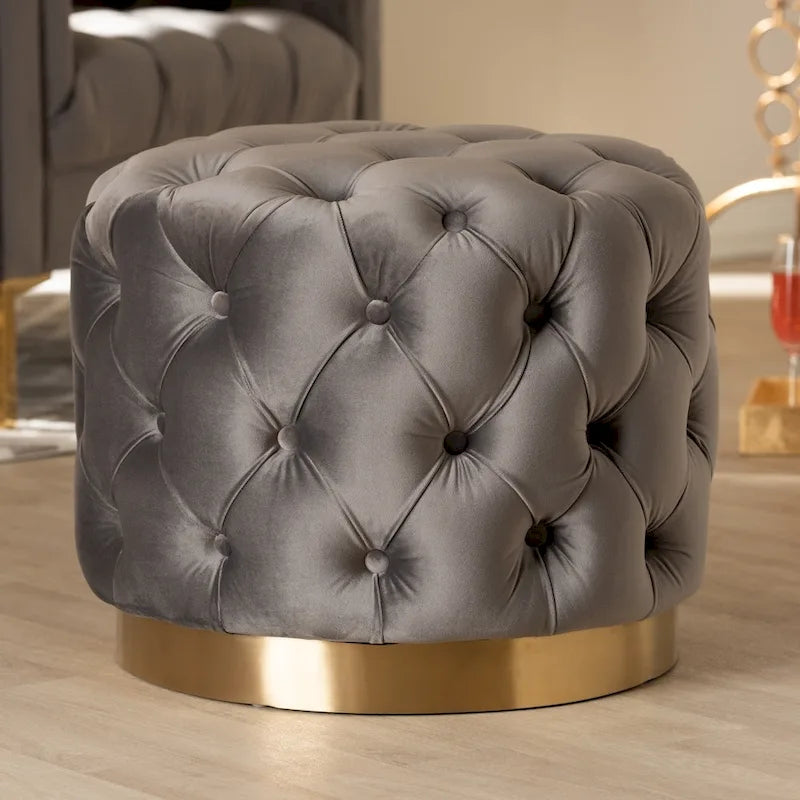 Pouf ottoman capitonné en velours avec base en or brossé – Repose-pieds carré glamour