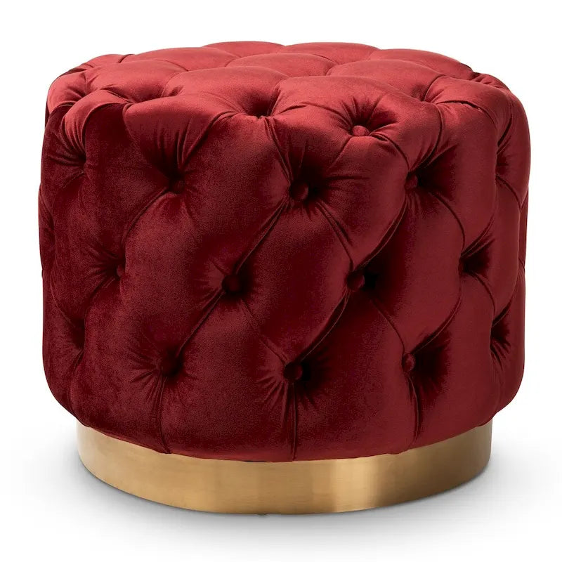 Pouf ottoman capitonné en velours avec base en or brossé – Repose-pieds carré glamour