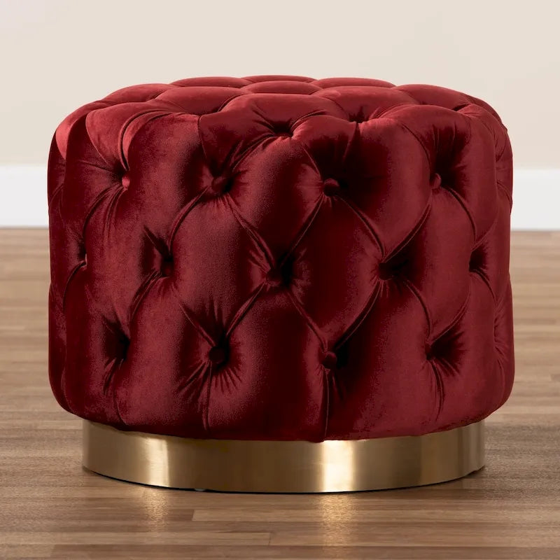 Pouf ottoman capitonné en velours avec base en or brossé – Repose-pieds carré glamour