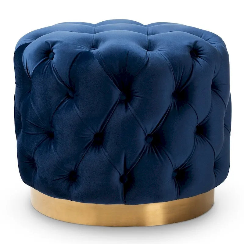 Pouf ottoman capitonné en velours avec base en or brossé – Repose-pieds carré glamour