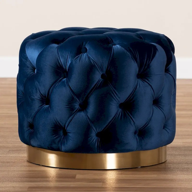 Pouf ottoman capitonné en velours avec base en or brossé – Repose-pieds carré glamour