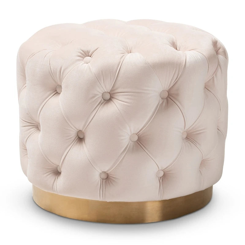 Pouf ottoman capitonné en velours avec base en or brossé – Repose-pieds carré glamour