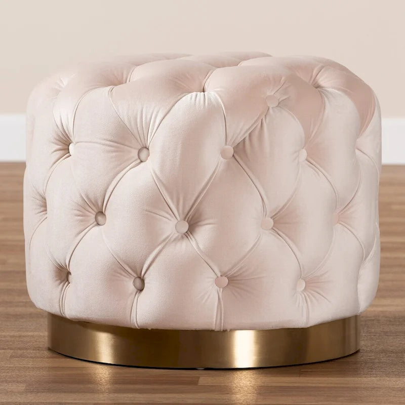 Pouf ottoman capitonné en velours avec base en or brossé – Repose-pieds carré glamour