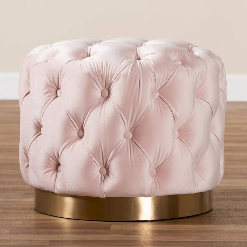 Pouf ottoman capitonné en velours avec base en or brossé – Repose-pieds carré glamour