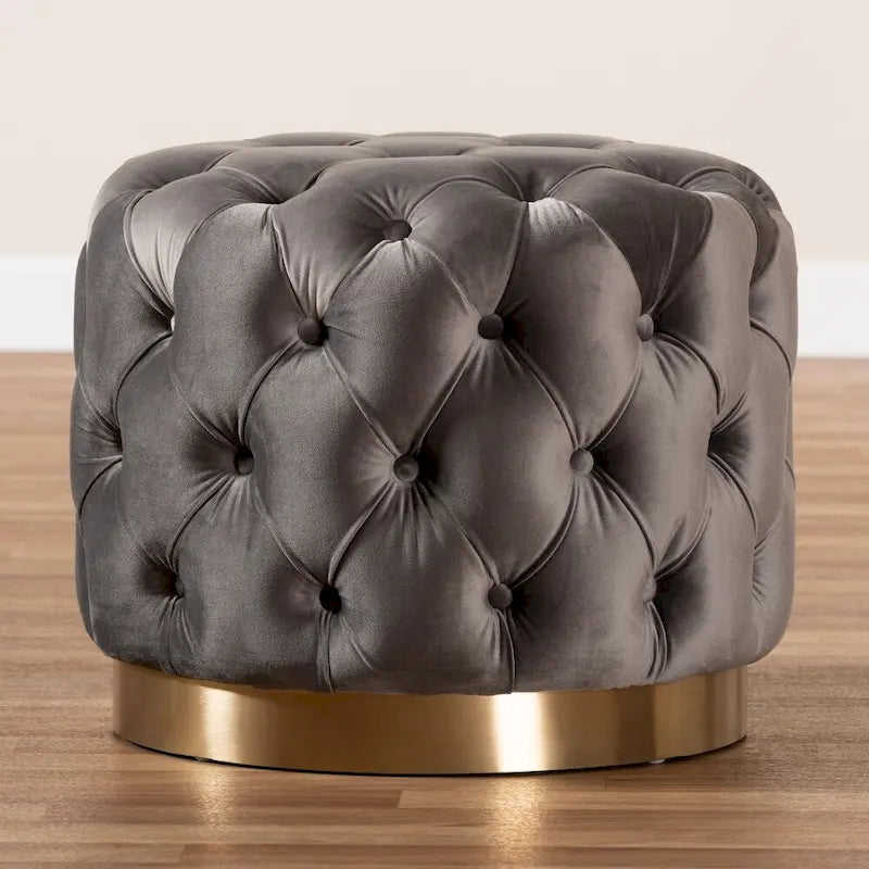 Pouf ottoman capitonné en velours avec base en or brossé – Repose-pieds carré glamour