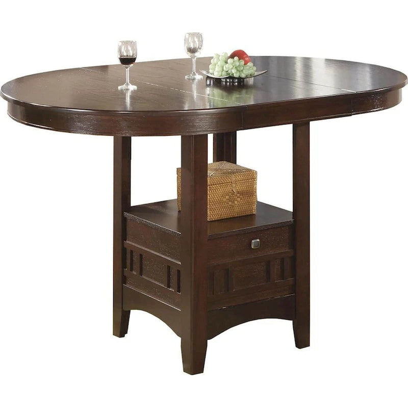Table à manger modulable hauteur comptoir – De ronde à ovale, Piètement central avec rangement, Espresso