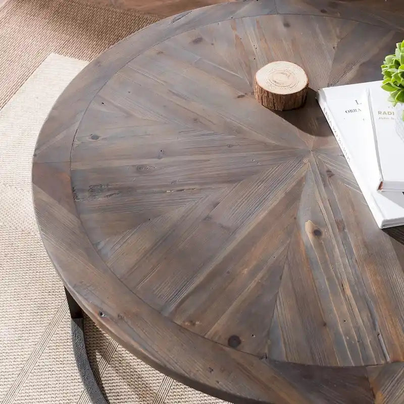 Table basse ronde 36 pouces en bois recyclé – Plateau motif soleil & Piétement en métal noir