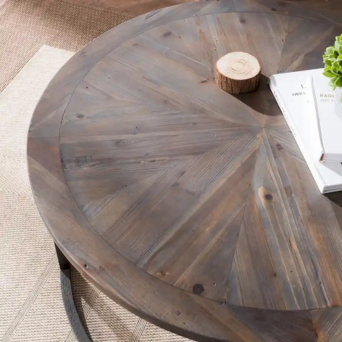 Table basse ronde 36 pouces en bois recyclé – Plateau motif soleil & Piétement en métal noir