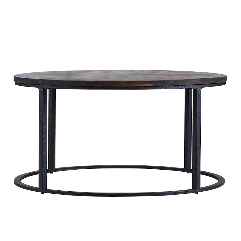 Table basse ronde 36 pouces en bois recyclé – Plateau motif soleil & Piétement en métal noir