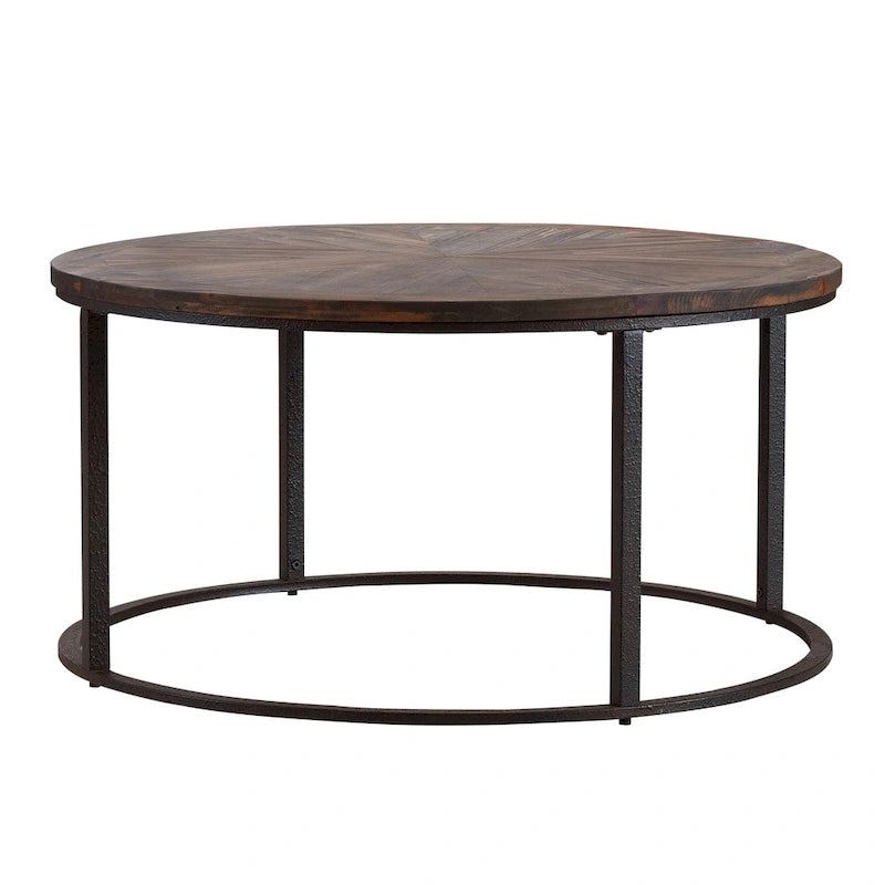 Table basse ronde 36 pouces en bois recyclé – Plateau motif soleil & Piétement en métal noir