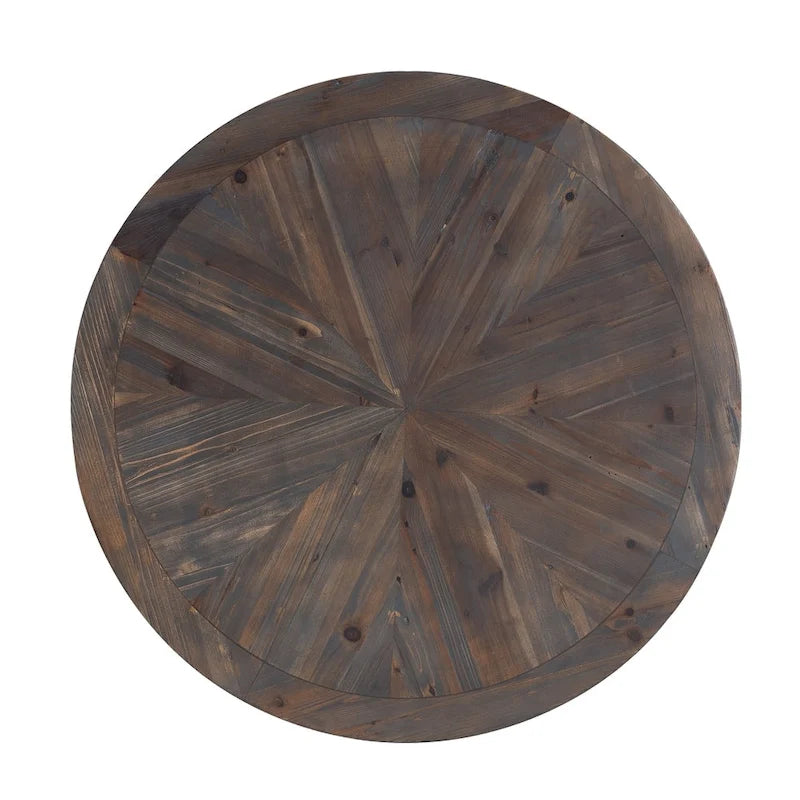 Table basse ronde 36 pouces en bois recyclé – Plateau motif soleil & Piétement en métal noir