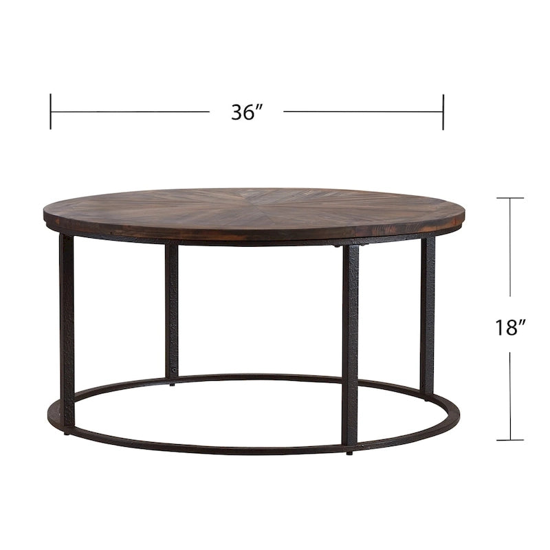 Table basse ronde 36 pouces en bois recyclé – Plateau motif soleil & Piétement en métal noir