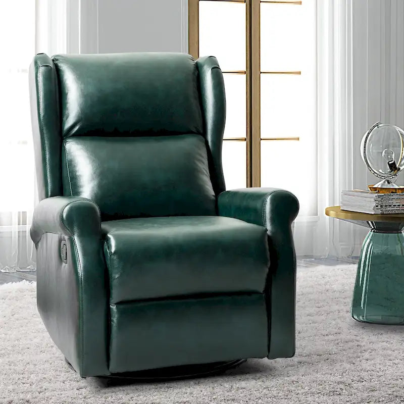 Fauteuil inclinable, pivotant et berçant – Cuir vegan, dossier à oreilles, repose-pieds intégré et base en métal