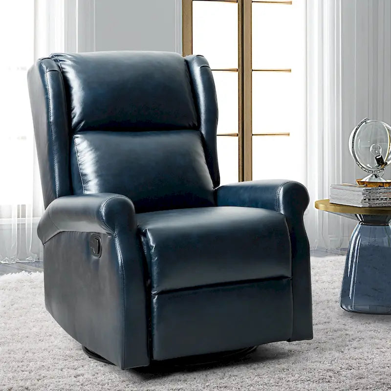 Fauteuil inclinable, pivotant et berçant – Cuir vegan, dossier à oreilles, repose-pieds intégré et base en métal