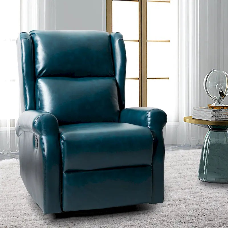 Fauteuil inclinable, pivotant et berçant – Cuir vegan, dossier à oreilles, repose-pieds intégré et base en métal
