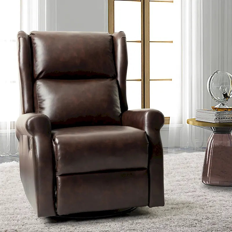 Fauteuil inclinable, pivotant et berçant – Cuir vegan, dossier à oreilles, repose-pieds intégré et base en métal