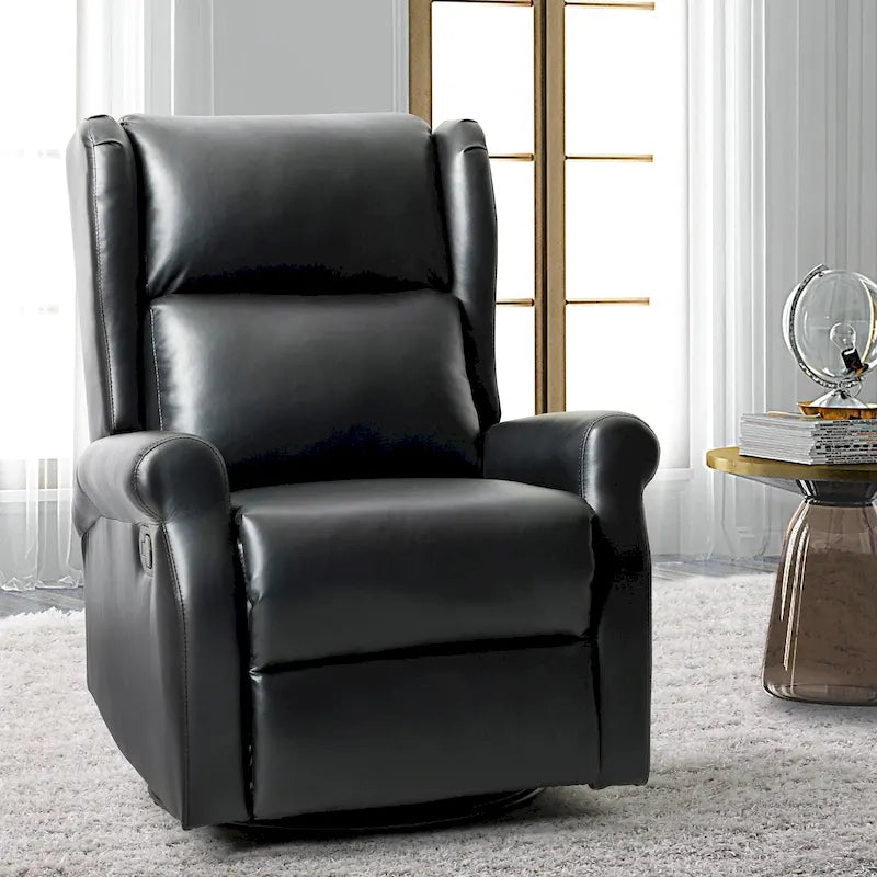 Fauteuil inclinable, pivotant et berçant – Cuir vegan, dossier à oreilles, repose-pieds intégré et base en métal