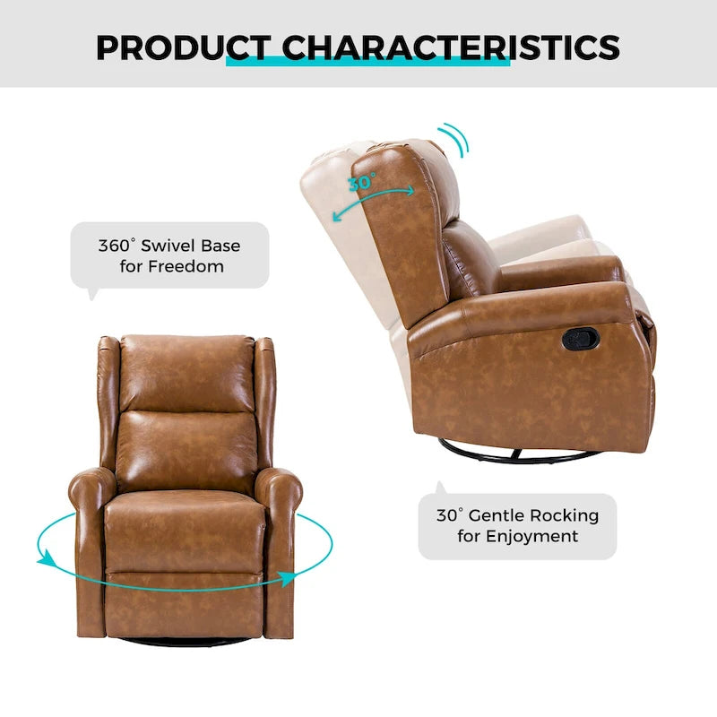 Fauteuil inclinable, pivotant et berçant – Cuir vegan, dossier à oreilles, repose-pieds intégré et base en métal