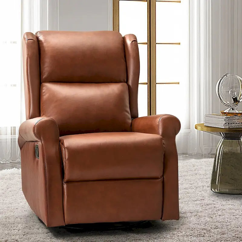 Fauteuil inclinable, pivotant et berçant – Cuir vegan, dossier à oreilles, repose-pieds intégré et base en métal