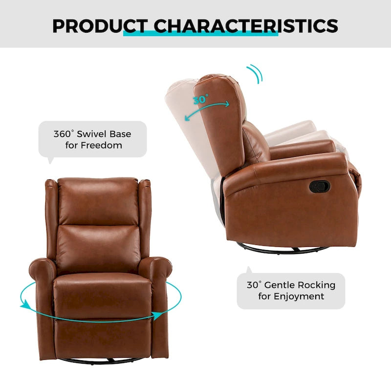 Fauteuil inclinable, pivotant et berçant – Cuir vegan, dossier à oreilles, repose-pieds intégré et base en métal