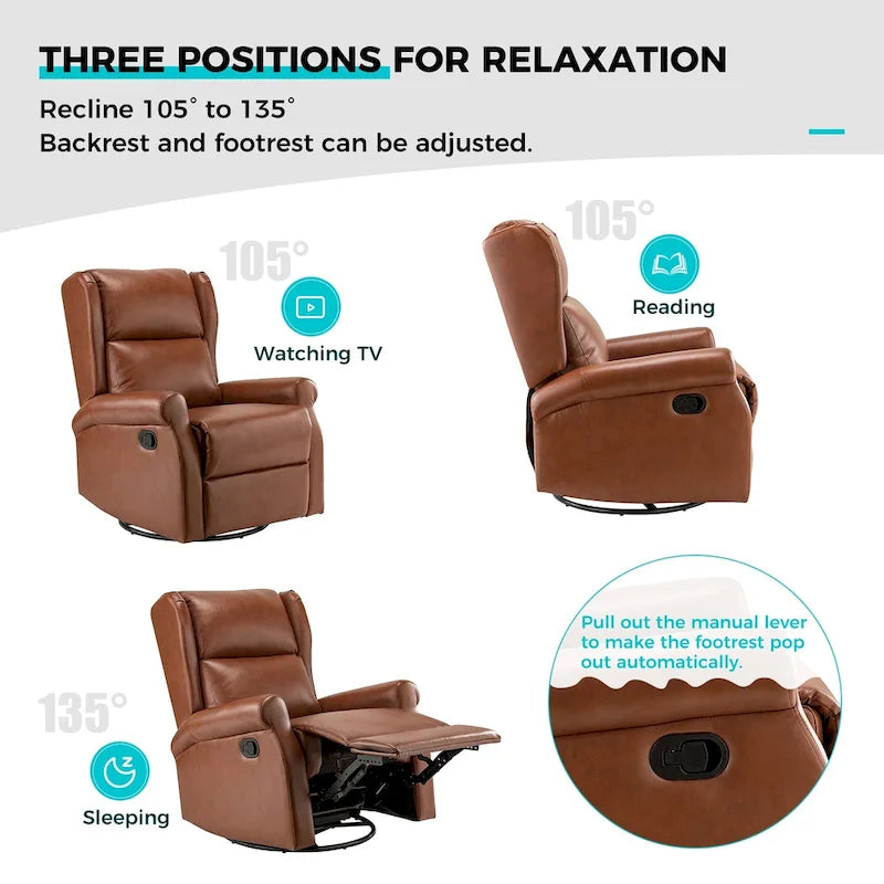 Fauteuil inclinable, pivotant et berçant – Cuir vegan, dossier à oreilles, repose-pieds intégré et base en métal